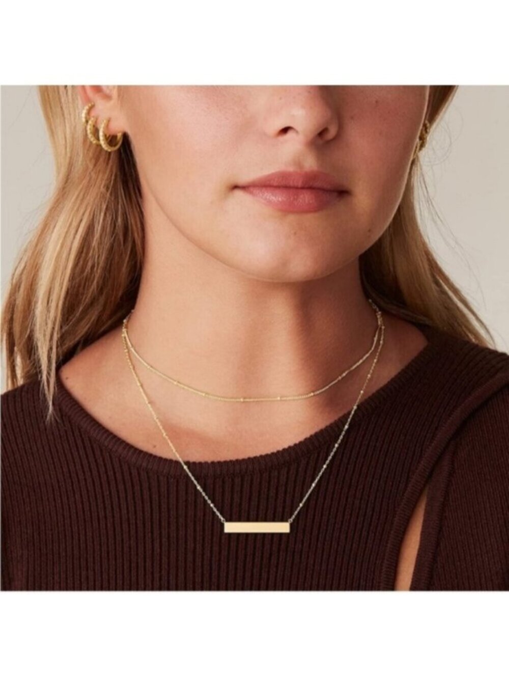 Gold 14k Gold Plated Bar Pendant Layered Necklace
